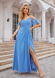 Floor-Length Chiffon Bridesmaid Dress, A-Line Style, V-Neck, Sleeveless, With Pleats And Split (Repeated For Clarity) BM bride