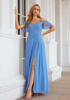 Floor-Length Chiffon Bridesmaid Dress, A-Line Style, V-Neck, Sleeveless, With Pleats And Split (Repeated For Clarity) BM bride