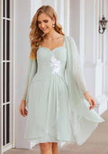 Knee-Length Chiffon Mother of the Bride Dress with Long Sleeves Jacket, Sweetheart Sleeveless A-line BM bride