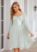 Knee-Length Chiffon Mother of the Bride Dress with Long Sleeves Jacket, Sweetheart Sleeveless A-line BM bride