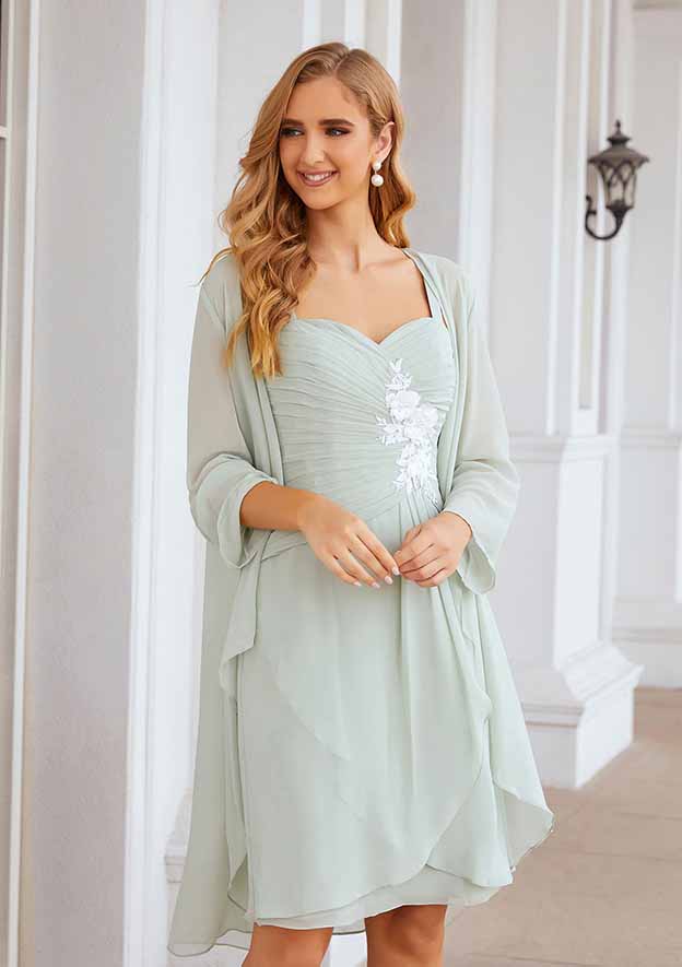 Knee-Length Chiffon Mother of the Bride Dress with Long Sleeves Jacket, Sweetheart Sleeveless A-line BM bride
