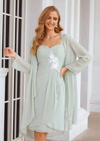 Knee-Length Chiffon Mother of the Bride Dress with Long Sleeves Jacket, Sweetheart Sleeveless A-line BM bride