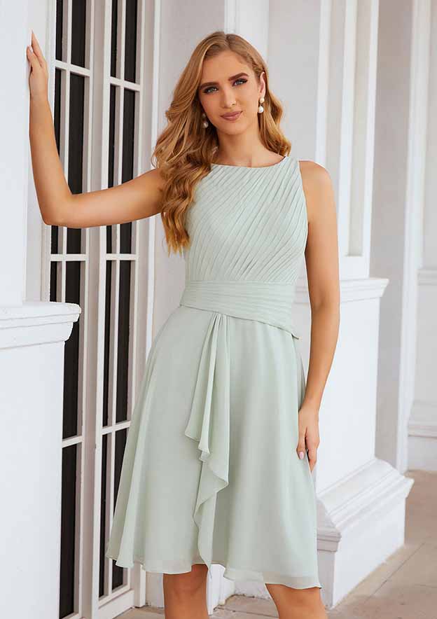 Knee-Length Chiffon Mother of the Bride Dress with Pleated and Jacket, Scoop Neck A-line BM bride