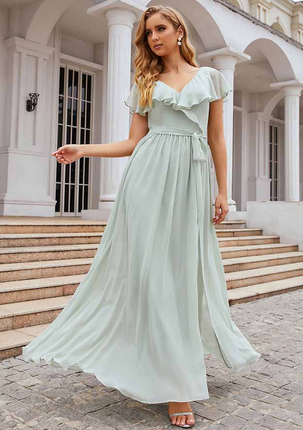 A-Line Floor-Length Short Sleeve Chiffon Bridesmaid Dress, V-Neck With Sashes And Ruffles BM bride