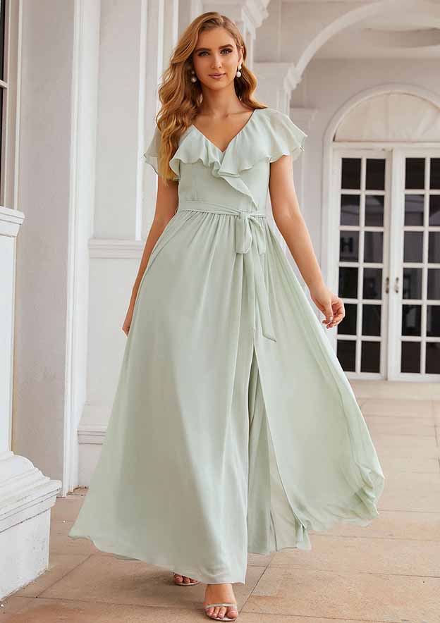 A-Line Floor-Length Short Sleeve Chiffon Bridesmaid Dress, V-Neck With Sashes And Ruffles BM bride