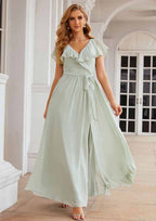 A-Line Floor-Length Short Sleeve Chiffon Bridesmaid Dress, V-Neck With Sashes And Ruffles BM bride