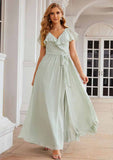 A-Line Floor-Length Short Sleeve Chiffon Bridesmaid Dress, V-Neck With Sashes And Ruffles BM bride