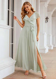 A-Line Floor-Length Short Sleeve Chiffon Bridesmaid Dress, V-Neck With Sashes And Ruffles BM bride