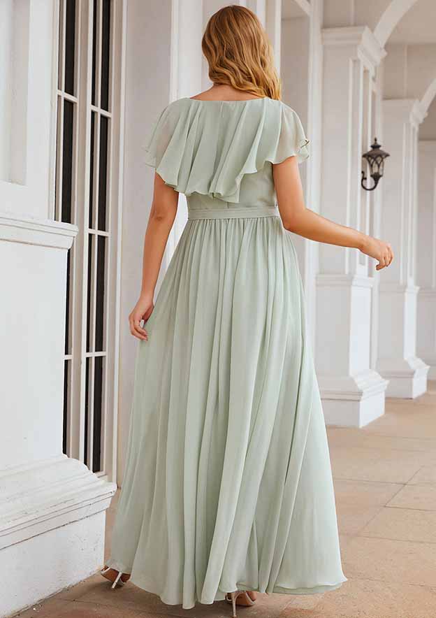 A-Line Floor-Length Short Sleeve Chiffon Bridesmaid Dress, V-Neck With Sashes And Ruffles BM bride