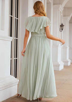 A-Line Floor-Length Short Sleeve Chiffon Bridesmaid Dress, V-Neck With Sashes And Ruffles BM bride
