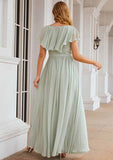 A-Line Floor-Length Short Sleeve Chiffon Bridesmaid Dress, V-Neck With Sashes And Ruffles BM bride