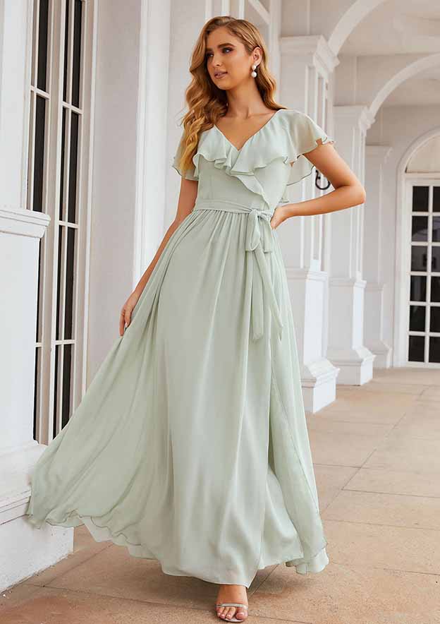 A-Line Floor-Length Short Sleeve Chiffon Bridesmaid Dress, V-Neck With Sashes And Ruffles BM bride