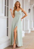 A-Line Sweetheart Floor-Length Sleeveless Chiffon Bridesmaid Dress With Pleats And Split BM bride