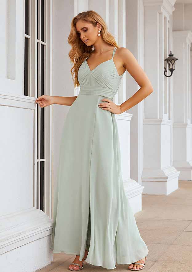 A-Line Sweetheart Floor-Length Sleeveless Chiffon Bridesmaid Dress With Pleats And Split BM bride