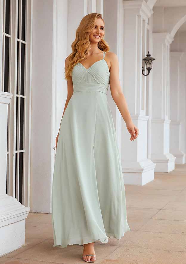A-Line Sweetheart Floor-Length Sleeveless Chiffon Bridesmaid Dress With Pleats And Split BM bride