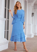 Tea-Length Chiffon Mother of the Bride Dress with Jacket, Pleated Bateau Neckline BM bride