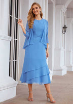 Tea-Length Chiffon Mother of the Bride Dress with Jacket, Pleated Bateau Neckline BM bride