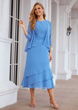 Tea-Length Chiffon Mother of the Bride Dress with Jacket, Pleated Bateau Neckline BM bride