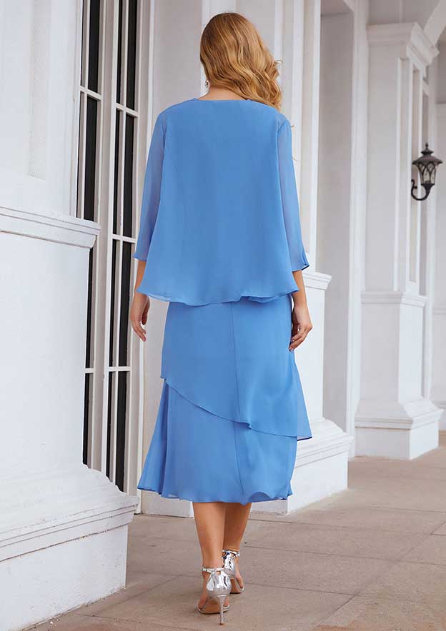Tea-Length Chiffon Mother of the Bride Dress with Jacket, Pleated Bateau Neckline BM bride