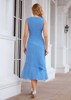Tea-Length Chiffon Mother of the Bride Dress with Jacket, Pleated Bateau Neckline BM bride