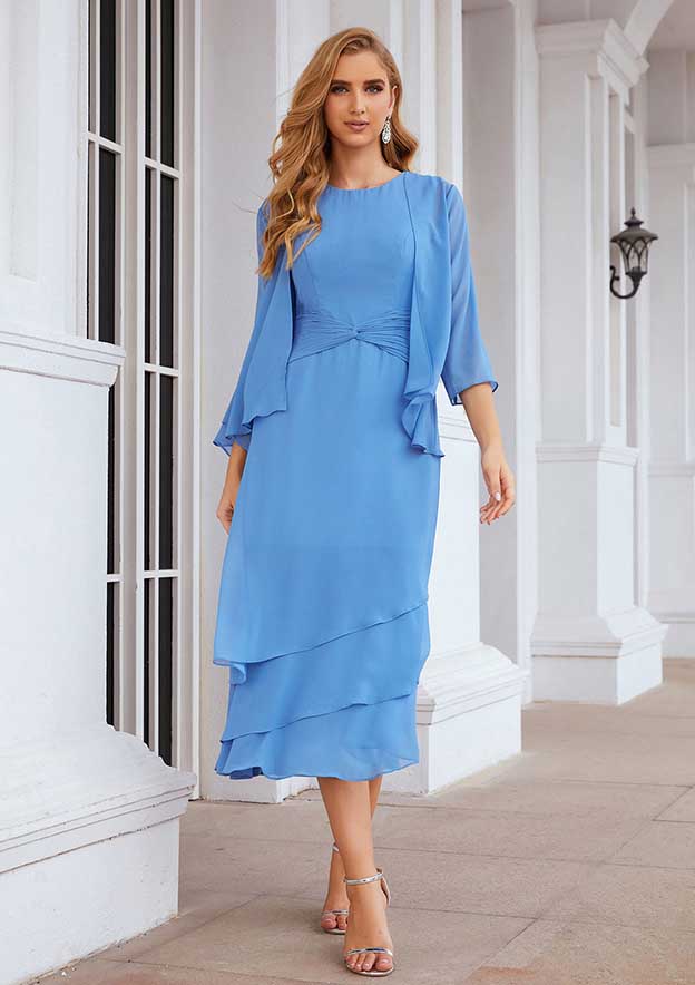 Tea-Length Chiffon Mother of the Bride Dress with Jacket, Pleated Bateau Neckline BM bride