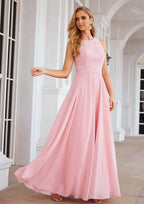 Floor-Length Chiffon Bridesmaid Dress, A-Line Style, Scalloped Neck, Sleeveless, With Beading BM bride