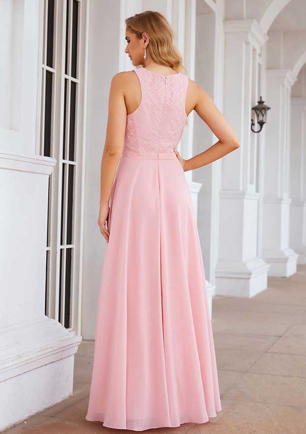 Floor-Length Chiffon Bridesmaid Dress, A-Line Style, Scalloped Neck, Sleeveless, With Beading BM bride