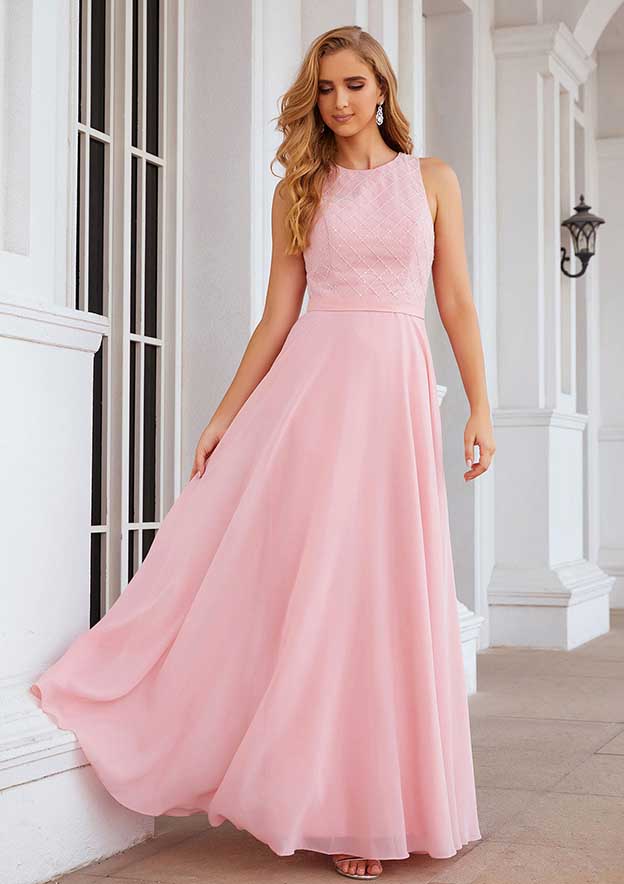 Floor-Length Chiffon Bridesmaid Dress, A-Line Style, Scalloped Neck, Sleeveless, With Beading BM bride