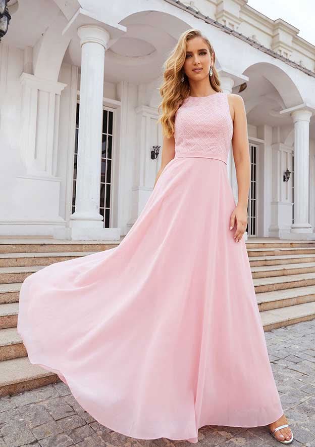 Floor-Length Chiffon Bridesmaid Dress, A-Line Style, Scalloped Neck, Sleeveless, With Beading BM bride