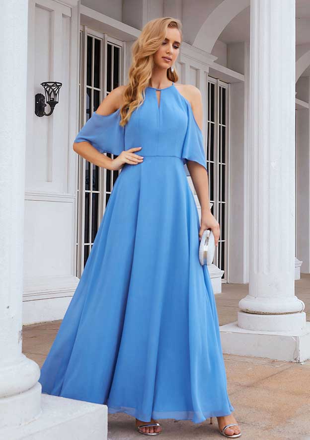 Floor-Length Chiffon Bridesmaid Dress, A-Line Cut, Halter Neck, Half Sleeves BM bride