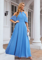 Floor-Length Chiffon Bridesmaid Dress, A-Line Cut, Halter Neck, Half Sleeves BM bride
