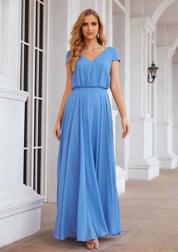 Floor-Length Chiffon Bridesmaid Dress, A-Line Style, V-Neck, Short Sleeves BM bride