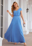 Floor-Length Chiffon Bridesmaid Dress, A-Line Style, V-Neck, Short Sleeves BM bride