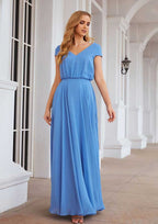 Floor-Length Chiffon Bridesmaid Dress, A-Line Style, V-Neck, Short Sleeves BM bride