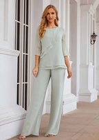 Long Chiffon Mother of the Bride Dress with Cascading Ruffles, 3/4 Sleeve Jumpsuit/Pantsuit BM bride