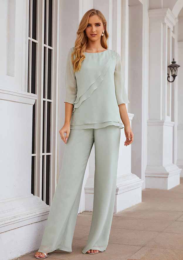 Long Chiffon Mother of the Bride Dress with Cascading Ruffles, 3/4 Sleeve Jumpsuit/Pantsuit BM bride