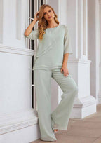 Long Chiffon Mother of the Bride Dress with Cascading Ruffles, 3/4 Sleeve Jumpsuit/Pantsuit BM bride