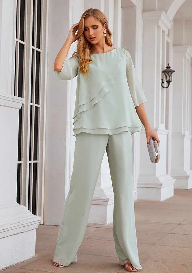 Long Chiffon Mother of the Bride Dress with Cascading Ruffles, 3/4 Sleeve Jumpsuit/Pantsuit BM bride