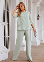 Long Chiffon Mother of the Bride Dress with Cascading Ruffles, 3/4 Sleeve Jumpsuit/Pantsuit BM bride