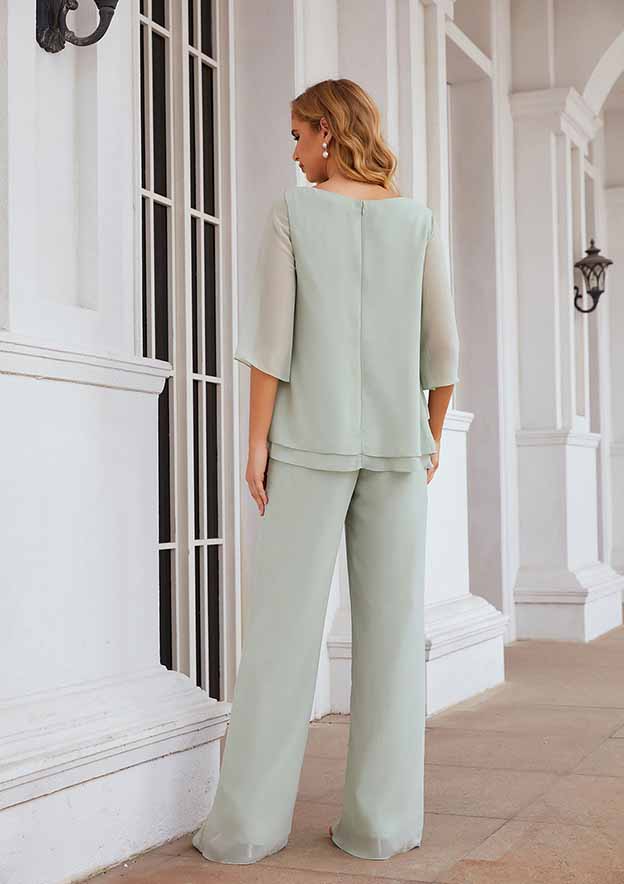 Long Chiffon Mother of the Bride Dress with Cascading Ruffles, 3/4 Sleeve Jumpsuit/Pantsuit BM bride