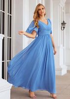 Long/Floor-Length Chiffon Bridesmaid Dress with Pleated, Short Sleeve V Neck A-line BM bride