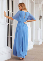A-Line Floor-Length Short Sleeve Bridesmaid Dress Chiffon V-Neck With Pleats BM bride