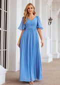 Long/Floor-Length Chiffon Bridesmaid Dress with Pleated, Short Sleeve V Neck A-line BM bride