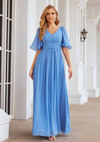 Long/Floor-Length Chiffon Bridesmaid Dress with Pleated, Short Sleeve V Neck A-line BM bride