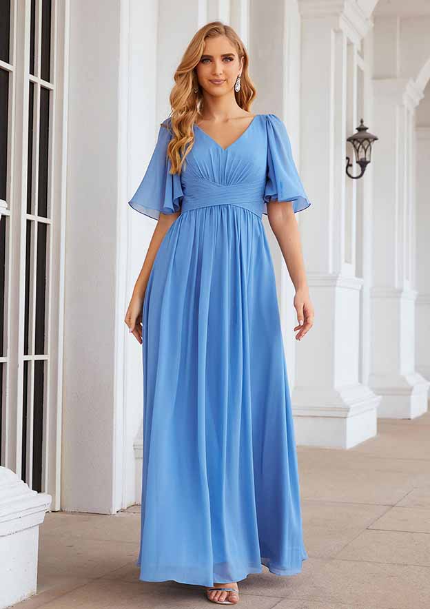 Long/Floor-Length Chiffon Bridesmaid Dress with Pleated, Short Sleeve V Neck A-line BM bride