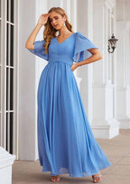 A-Line Floor-Length Short Sleeve Bridesmaid Dress Chiffon V-Neck With Pleats BM bride
