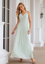 Floor-Length Chiffon Bridesmaid Dress, A-Line Style, V-Neck, Sleeveless, With Pleats (Repeated For Clarity) BM bride