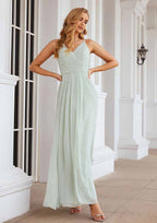Floor-Length Chiffon Bridesmaid Dress, A-Line Style, V-Neck, Sleeveless, With Pleats (Repeated For Clarity) BM bride