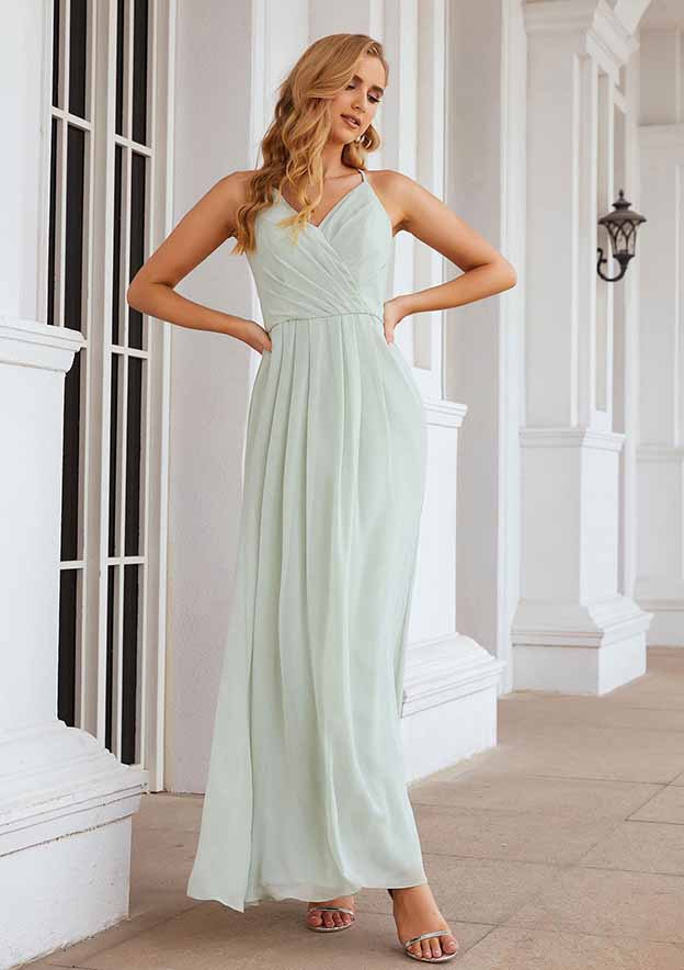 Floor-Length Chiffon Bridesmaid Dress, A-Line Style, V-Neck, Sleeveless, With Pleats (Repeated For Clarity) BM bride