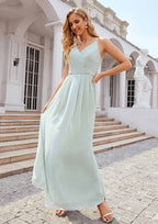 Floor-Length Chiffon Bridesmaid Dress, A-Line Style, V-Neck, Sleeveless, With Pleats (Repeated For Clarity) BM bride